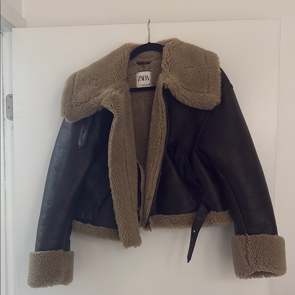 Zara Black and Tan Leather Jacket with Shearling Accents